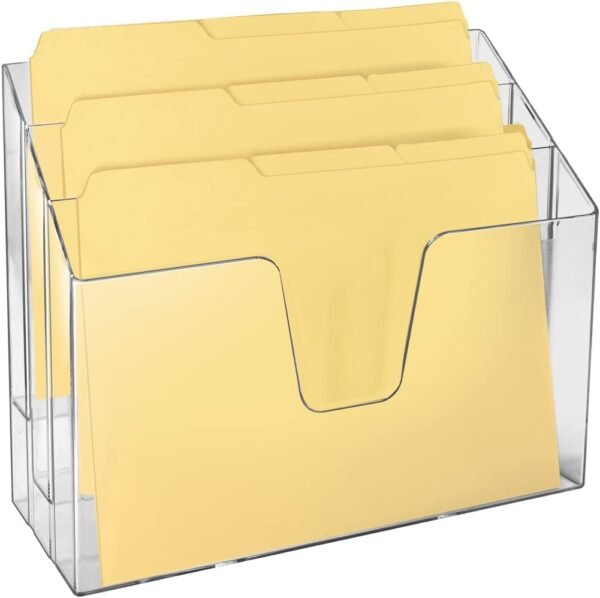 Clear Plastic Horizontal Triple File Folder Organizer, Open-Top Design, Includes 9 Manila Folders, for Letter-Size Document Sorting