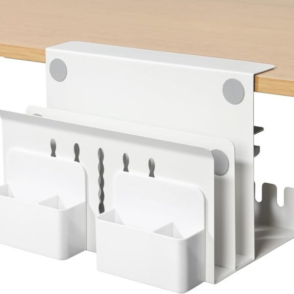 Under-Desk Laptop Mount and Side Hanging File Organizer, No-Drill Clamp-On Cable Management Tray, Includes Magnetic Pen Holder, Supports 22 Lbs, for Office and Home
