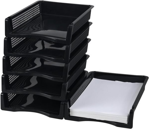 Set of 6 Stackable Black Plastic Letter Trays, Desktop File and Document Organizer