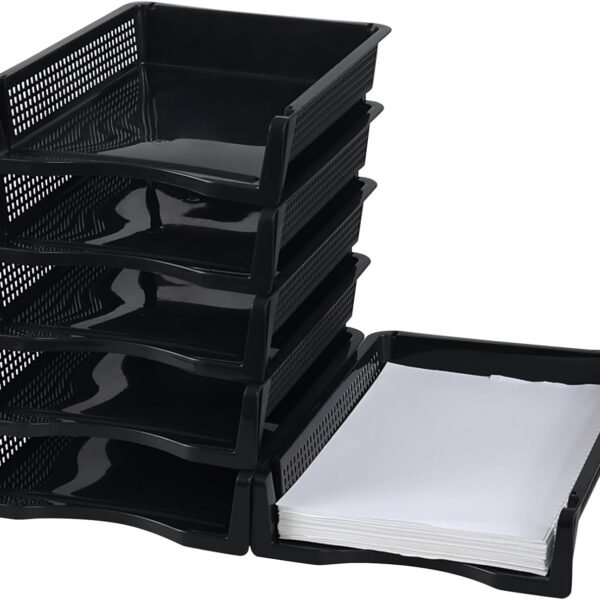 Set of 6 Stackable Black Plastic Letter Trays, Desktop File and Document Organizer