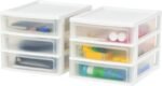 Medium 3-Drawer Desktop Organizer with Open Tray Top, 2 Pack, Plastic Drawer Storage Container for Stationery Art Craft Supplies, White