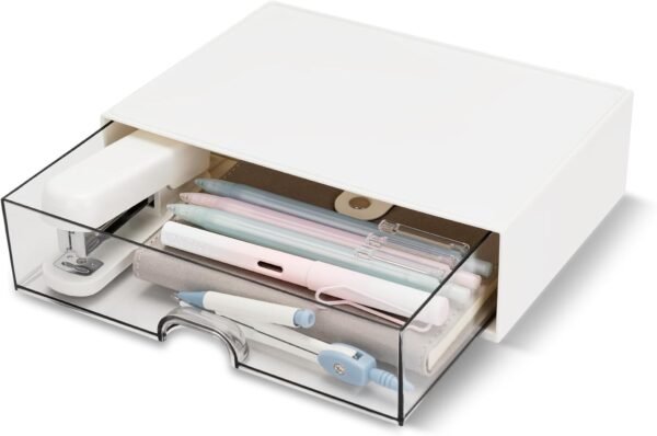 Clear Plastic Desk Drawer Organizer Box, White, for Storing Office Supplies Like Gel Pens, Pencils, Markers, Tape, Erasers, Paperclips, and Chargers