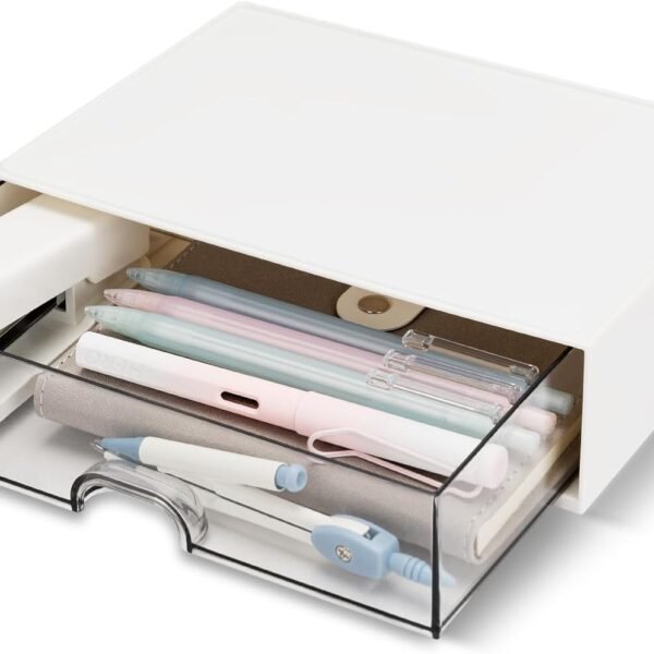 Clear Plastic Desk Drawer Organizer Box, White, for Storing Office Supplies Like Gel Pens, Pencils, Markers, Tape, Erasers, Paperclips, and Chargers