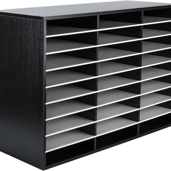 27-Compartment Wooden Literature Organizer with Adjustable Shelves, Holds Up to 13500 Letter-Size Sheets, Student Mailbox for Classroom, Black and White Finish