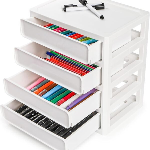 4-Drawer White Plastic Desktop Storage Bin, Compact Organizer for Countertop, Makeup, Stationery, Art Crafts, and Bathroom Accessories