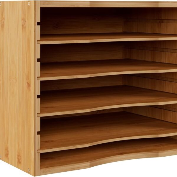 5-Tier Natural Bamboo Desktop Organizer, Adjustable Shelves Paper Mail Sorter, File Holder for Letter Documents in School, Home, and Office