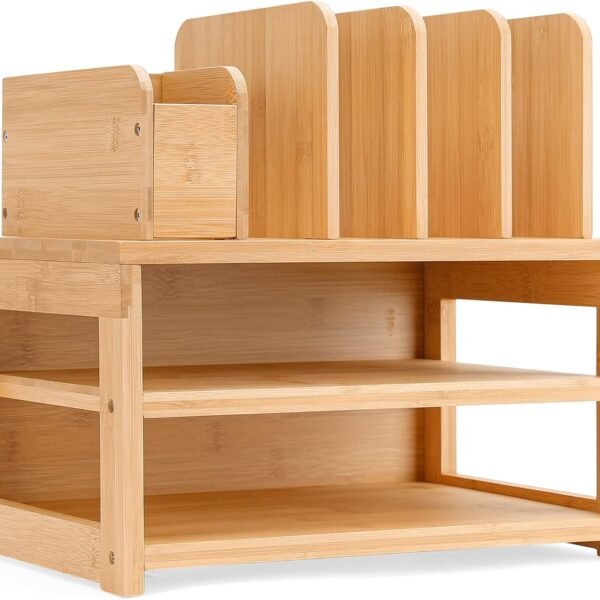 3-Tier Natural Bamboo Desk Organizer with File Holder, Adjustable Pen Storage, Desktop Letter Paper Tray for Workplace, Home, and School