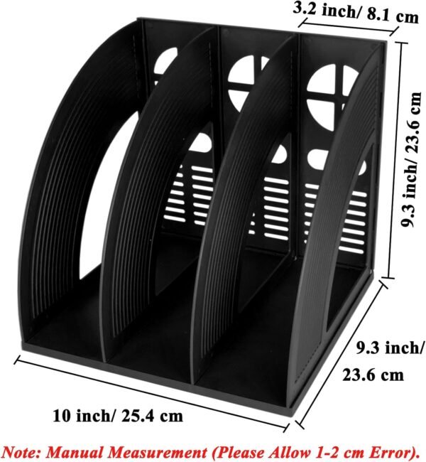 Sturdy Black Plastic Magazine and Binder Holder, Desk File Sorter with Bookshelf Dividers, Vertical Storage Rack for Office, School, and Home