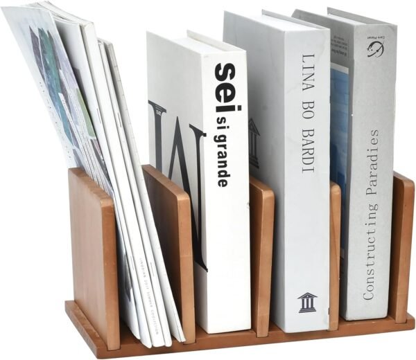 Pine Wood Desktop Mail Organizer, 4-Slot Vertical Magazine and Book Folder Holder, Letter Envelope Sorter for Workspace Accessories