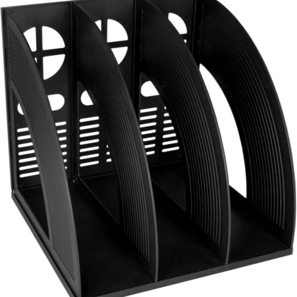 Sturdy Black Plastic Magazine and Binder Holder, Desk File Sorter with Bookshelf Dividers, Vertical Storage Rack for Office, School, and Home