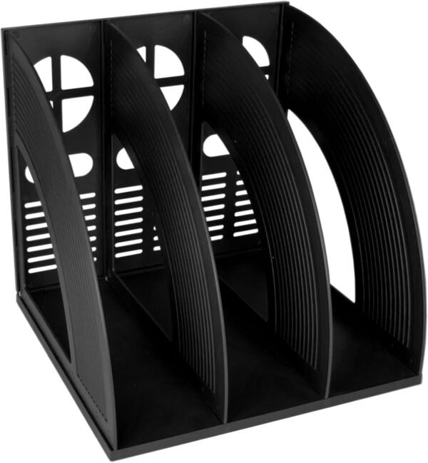 Sturdy Black Plastic Magazine and Binder Holder, Desk File Sorter with Bookshelf Dividers, Vertical Storage Rack for Office, School, and Home