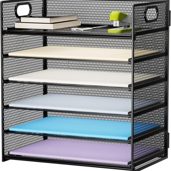 6-Tier Mesh Black Desktop File Organizer with Handle, Letter/A4 Paper Sorter and Folder Holder