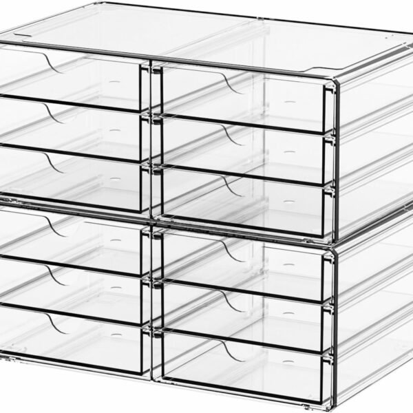 2-Pack Acrylic Stackable Drawer Organizer, 12 Small Compartments, Clear Plastic Storage for Office Supplies, Craft Materials, Pens, and Makeup