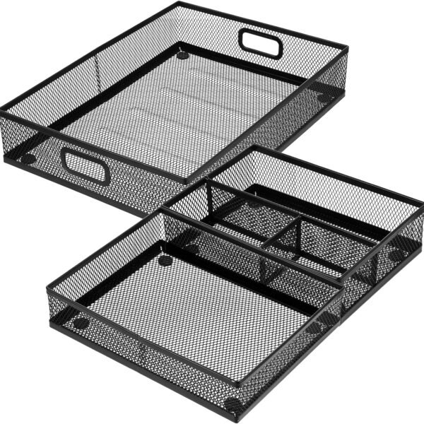Desk Drawer Organizer, Office Drawer Divider Organizer Tray 3 Pack, Metal Mesh Desktop Organization and Accessories for Stationery Makeup Kitchen Toolroom Office