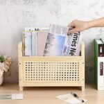 Natural Wooden Desktop Magazine Rack with Built-in Handle, Modern Rattan Hollow-Out Design, Mail and File Holder for Home and Office