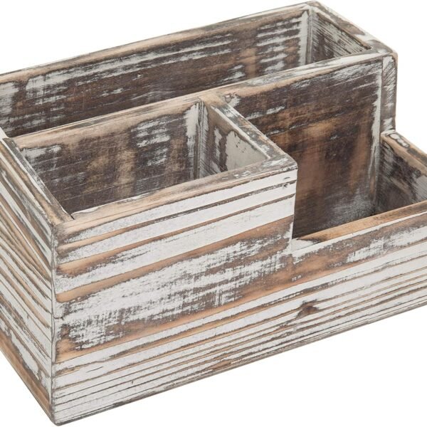 Rustic Torched Wood Desktop Office Stationery Organizer Tray with 3 Compartment, Multipuprose Caddy Remote Control and Media Storage Holder
