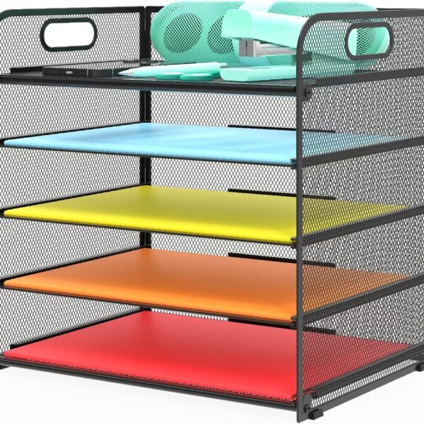 5-Tier Black Metal Letter Tray Paper Organizer with Handle, Desktop Document Shelf for Office and Classroom